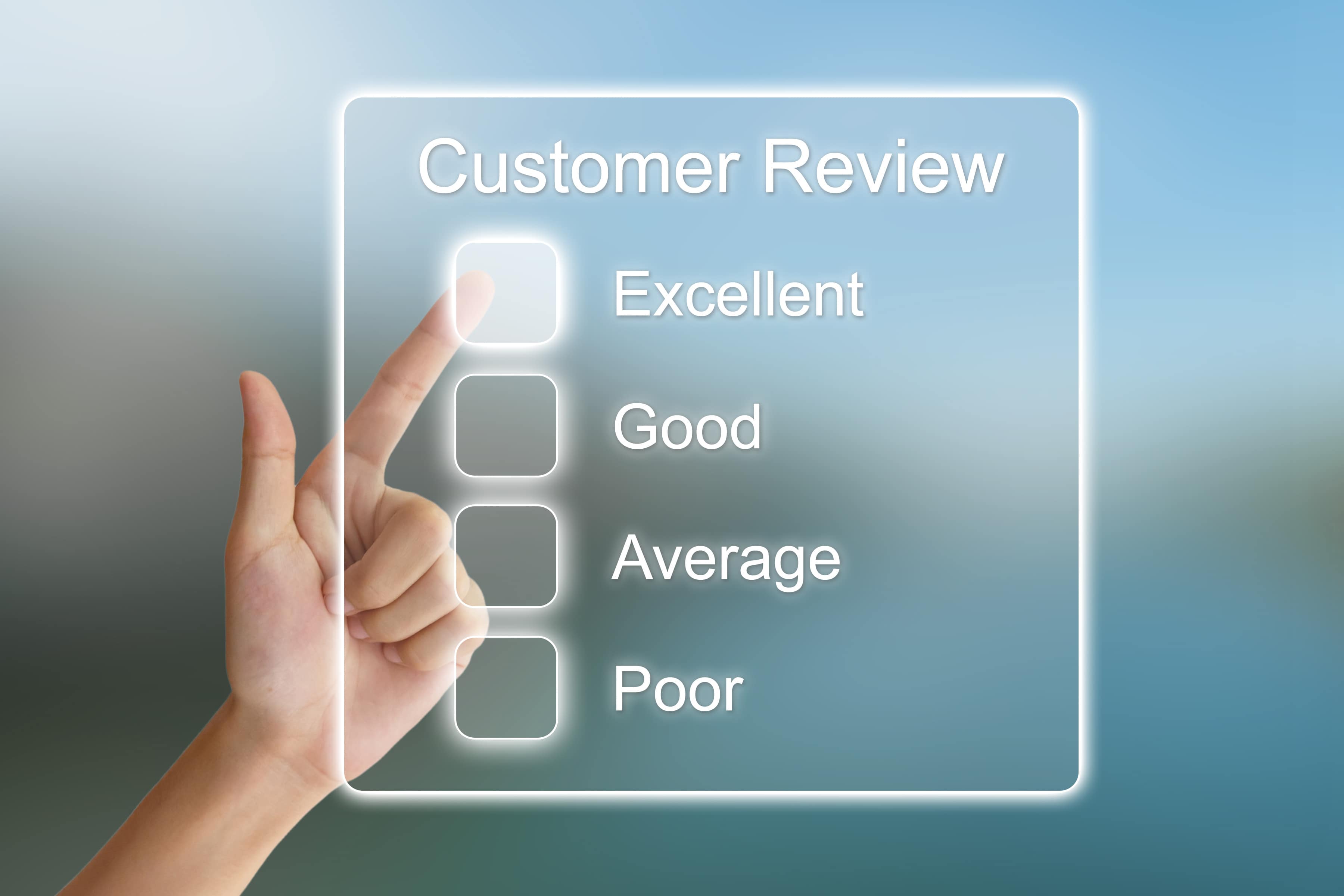 hand pushing customer review on virtual screen